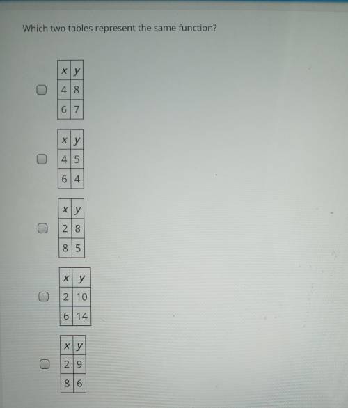 Which two tables represent the same function? ху 8 7 6 5 ху o О 45 64 xy О 28 85 ху О 210 614 ху 29