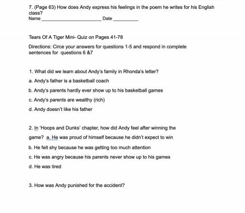 Tears Of A Tiger Mini- Quiz on Pages 41-78 
Directions : Respond to the following questions .