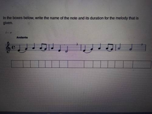 In the boxes, write the name of the note and it's duration for the melody that is given.