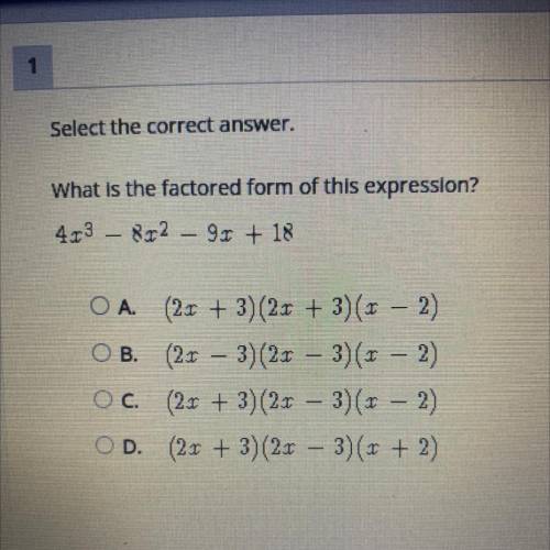 Select the correct answer.

What is the factored form of this expression?
4x^3 – 8x^2 – 9x + 18
-