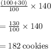 { \rm{ \frac{(100 + 30)}{100} \times 140 }} \\  \\  = {  \rm{ \frac{130}{100}  \times 140}} \\  \\  = { \rm{182 \: cookies}}