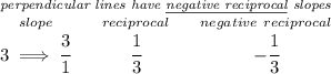 \stackrel{\textit{perpendicular lines have \underline{negative reciprocal} slopes}} {\stackrel{slope}{3\implies \cfrac{3}{1}} ~\hfill \stackrel{reciprocal}{\cfrac{1}{3}} ~\hfill \stackrel{negative~reciprocal}{-\cfrac{1}{3}}}