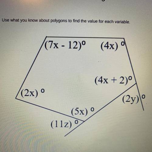 Find the values for x, y, and z using the picture provided. (geometry)