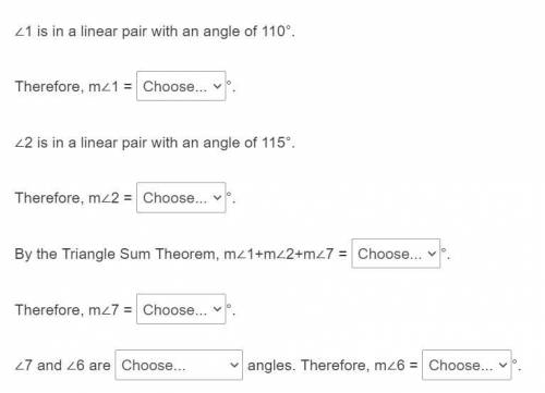 Assume line q is parallel to line m. Choose from the drop-down menus to solve for m∠6: