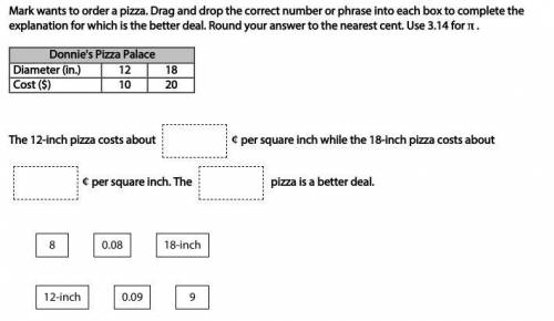 *!HELP!* Mark wants to order a pizza. Drag and drop the correct number or phrase into each box to c