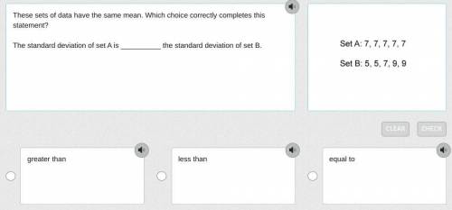 These sets of data have the same mean. Which choice correctly completes this statement?

The stand