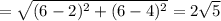 =\sqrt{(6-2)^2+(6-4)^2} =2\sqrt{5}