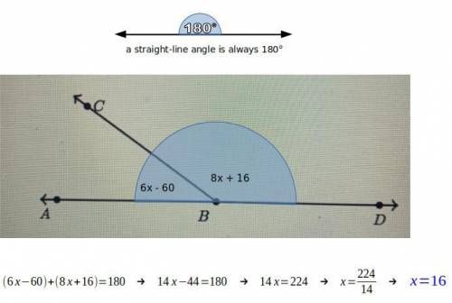 MZABD is a straight angle.
mZCBD = 8x + 16°
mZABC = 6x – 60°
Find mZABC: