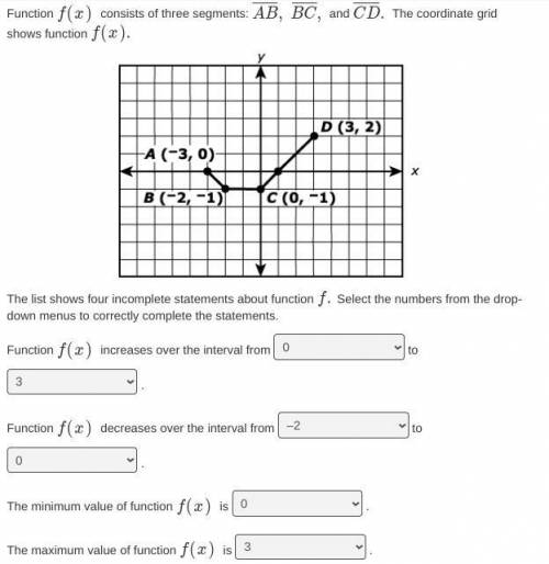 Function f(x) increases over the interval from __ to __

Function f(x) decreases over the interval