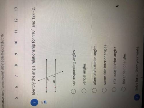 Identify the angle relationship for 10 and 18x-2