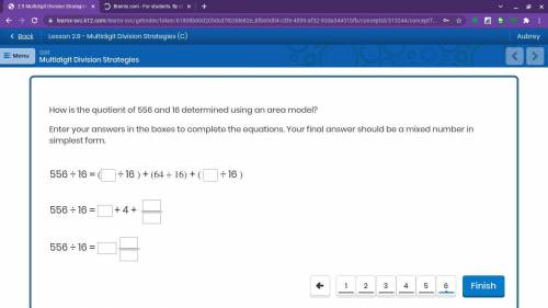 How is the quotient of 556 and 16 determined using an area model? Enter your answers in the boxes t