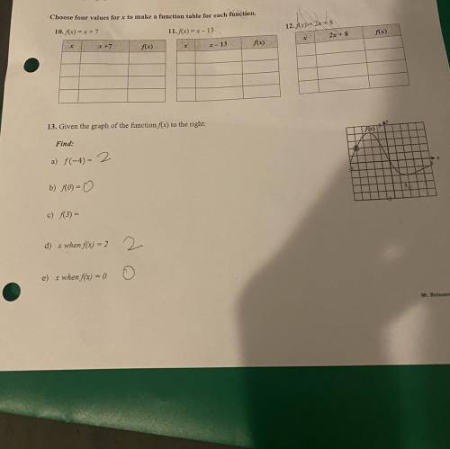 Skills Practice: Evaluating Functions

Please help me with one of the table problems and #13 pleas