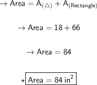 \begin{gathered} \qquad{\rightarrow{\sf{Area = A_{( \triangle)} +  A_{(Rectangle)}}}} \\  \\ \qquad{\rightarrow{\sf{Area = 18 +  66}}} \\  \\ \qquad{\rightarrow{\sf{Area = 84}}} \\  \\ \qquad{\star{\boxed{\sf{\red{Area = 84\:  {in}^{2}}}}}}\end{gathered}
