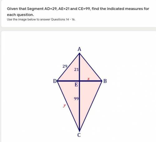 Help PLEASEEE

Given that Segment AD=29, AE=21 and CE=99, find the indicated measures for x, y, an