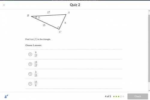Find Tan(Beta) in the triangle screenshot included

Find \tan(\beta)tan(β)tangent, left parenthesi