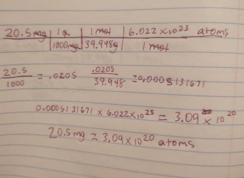 How many atoms are in 20.5 mg (miligram) argon.
Express answer in scientific notation