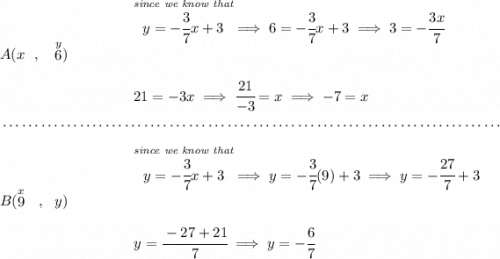 A(x~~,~~\stackrel{y}{6})\qquad \qquad \begin{array}{llll} \stackrel{\textit{since we know that}}{y=-\cfrac{3}{7}x+3}\implies 6=-\cfrac{3}{7}x+3\implies 3=-\cfrac{3x}{7} \\\\\\ 21=-3x\implies \cfrac{21}{-3}=x\implies -7=x \end{array} \\\\[-0.35em] ~\dotfill\\\\ B(\stackrel{x}{9}~~,~~y)\qquad \qquad \begin{array}{llll} \stackrel{\textit{since we know that}}{y=-\cfrac{3}{7}x+3}\implies y=-\cfrac{3}{7}(9)+3\implies y=-\cfrac{27}{7}+3 \\\\\\ y=\cfrac{-27+21}{7}\implies y=-\cfrac{6}{7} \end{array}