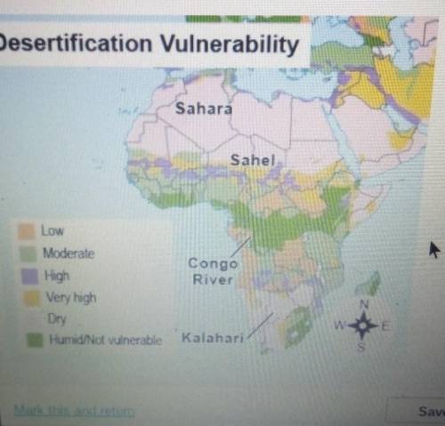 According to this map, which area is at a very high risk of desertification?

the Sahara the Kalah