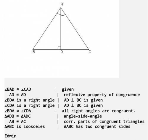 Prove: triangle BAD is congruent to triangle CDA

Step
Statement
Reason
BD AC
BA= DC
Given
2
ZBEA U