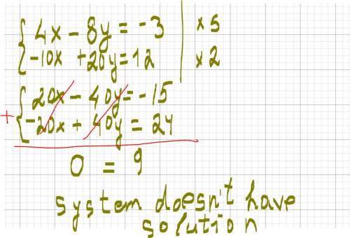 How to solve 4x-8y=-3, -10x+20y=12 using method of elimination