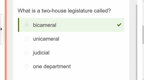 What is a two-house legislature called?

A. bicameral
B. unicameral
C. judicial
D. one department