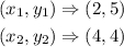 \begin{gathered} (x_1,y_1)\Rightarrow(2,5) \\ (x_2,y_2)\Rightarrow(4,4) \end{gathered}