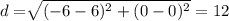 d=\sqrt[]{(-6-6)^2+(0-0)^2}=12