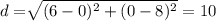 d=\sqrt[]{(6-0)^2+(0-8)^2}=10